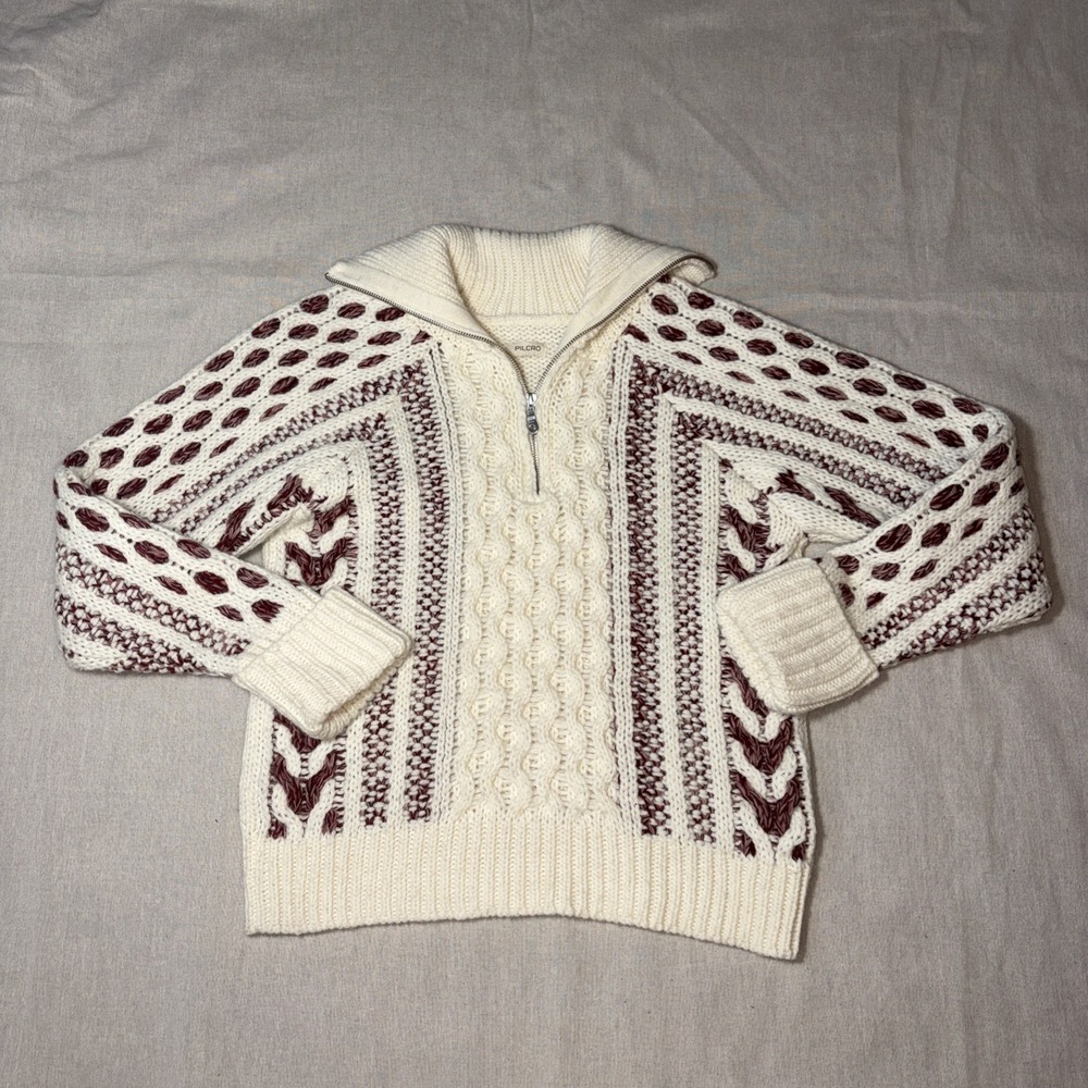 PILCRO Women Cropped Wool Blend Sweater M‎ Petite Cream Burgundy 1/4 Zipper Neck